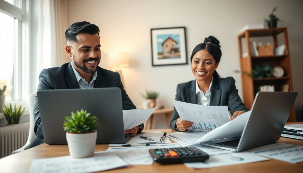 A cozy and inviting home office scene focused on a diverse couple of first-time homebuyers, dressed in professional business attire, sitting at a desk covered with financial documents and a laptop. In the foreground, the couple is reviewing loan options and budgeting spreadsheets with a calculator nearby, looking engaged and hopeful. In the middle ground, a potted plant adds a touch of warmth, and a framed picture of a house hangs on the wall, symbolizing their dreams. The background features a softly lit room with a window allowing natural light to spill in, creating a warm and optimistic atmosphere. The composition captures the essence of preparation and careful planning, emphasizing a sense of financial readiness and excitement for homeownership. A cozy and inviting home office scene focused on a diverse couple of first-time homebuyers, dressed in professional business attire, sitting at a desk covered with financial documents and a laptop. In the foreground, the couple is reviewing loan options and budgeting spreadsheets with a calculator nearby, looking engaged and hopeful. In the middle ground, a potted plant adds a touch of warmth, and a framed picture of a house hangs on the wall, symbolizing their dreams. The background features a softly lit room with a window allowing natural light to spill in, creating a warm and optimistic atmosphere. The composition captures the essence of preparation and careful planning, emphasizing a sense of financial readiness and excitement for homeownership.