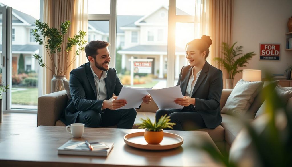 A cozy and inviting living room scene that highlights the advantages of mortgage loans. In the foreground, a young couple in professional business attire sits at a stylish coffee table, reviewing documents and discussing their home-buying plans, both smiling with excitement. The middle ground features a bright window, letting in warm sunlight, and showcasing a beautiful view of a suburban neighborhood with well-maintained gardens. In the background, a welcoming home with a "Sold" sign is visible, symbolizing homeownership success. The atmosphere is optimistic and aspirational, with soft, natural lighting creating a comfortable ambiance. The composition should have a slight depth of field effect to focus on the couple while gently blurring the background, enhancing the feeling of a momentous decision being made. A cozy and inviting living room scene that highlights the advantages of mortgage loans. In the foreground, a young couple in professional business attire sits at a stylish coffee table, reviewing documents and discussing their home-buying plans, both smiling with excitement. The middle ground features a bright window, letting in warm sunlight, and showcasing a beautiful view of a suburban neighborhood with well-maintained gardens. In the background, a welcoming home with a "Sold" sign is visible, symbolizing homeownership success. The atmosphere is optimistic and aspirational, with soft, natural lighting creating a comfortable ambiance. The composition should have a slight depth of field effect to focus on the couple while gently blurring the background, enhancing the feeling of a momentous decision being made.