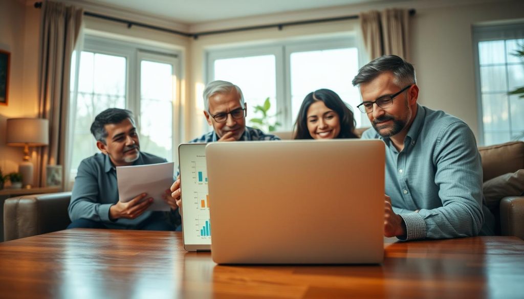 A cozy family living room setting, showcasing a diverse family of four sitting around a wooden table, engaged in a thoughtful discussion about life insurance plans. In the foreground, they are reviewing documents and charts, with expressions of determination and care. The middle ground features a soft-illuminated laptop displaying financial graphs and calculators, symbolizing planning and security. In the background, a warm, inviting atmosphere with sunlight streaming through large windows, casting gentle shadows. The color palette should be warm and earthy, enhancing the notion of comfort and stability. The scene captures a sense of focus and commitment, emphasizing the importance of securing their loved ones' future. The lens should give a clear, intimate perspective from slightly above eye level, highlighting the family dynamic.