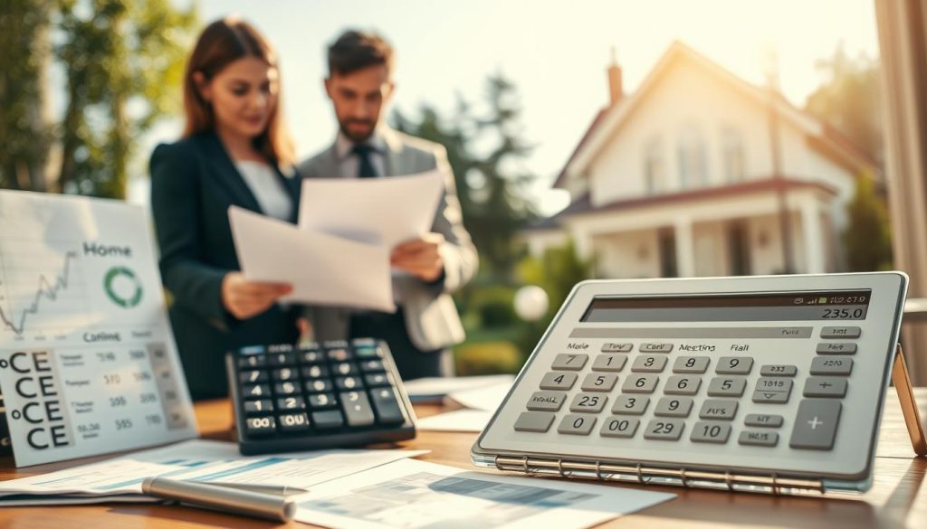 A detailed composition illustrating "home buying costs.” In the foreground, a professional-looking couple in business attire reviews a stack of documents and an open laptop, looking concerned as they examine financial graphs and charts. In the middle ground, a large calculator displays figures associated with home expenses, like closing costs and inspections. To the background, a cozy house is partially visible, creating a connection to the home buying process. The lighting is warm and inviting, resembling late afternoon sunlight filtering through a window, casting gentle shadows. The atmosphere conveys a sense of seriousness and financial awareness, emphasizing the pitfalls and complexities of home buying. Focused, clear angles ensure all elements are crisp, enhancing the scene’s depth and engagement. A detailed composition illustrating "home buying costs.” In the foreground, a professional-looking couple in business attire reviews a stack of documents and an open laptop, looking concerned as they examine financial graphs and charts. In the middle ground, a large calculator displays figures associated with home expenses, like closing costs and inspections. To the background, a cozy house is partially visible, creating a connection to the home buying process. The lighting is warm and inviting, resembling late afternoon sunlight filtering through a window, casting gentle shadows. The atmosphere conveys a sense of seriousness and financial awareness, emphasizing the pitfalls and complexities of home buying. Focused, clear angles ensure all elements are crisp, enhancing the scene’s depth and engagement.