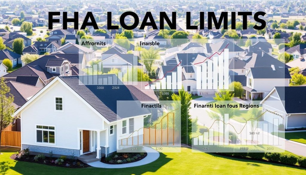 A detailed infographic visualizing FHA loan limits, prominently featuring a modern, professional-looking home in the foreground, symbolizing affordable housing. In the middle, include a transparent overlay of financial charts and graphs, demonstrating varying loan limits across different regions. The background should depict a suburban neighborhood with diverse homes, capturing a sense of community. Utilize bright, natural lighting to create an inviting atmosphere, and apply a slightly elevated angle to provide a comprehensive view. The image should evoke a sense of security and possibility in home ownership, emphasizing the financial aspects of FHA loans without any text or indicators of specific dollar amounts. A detailed infographic visualizing FHA loan limits, prominently featuring a modern, professional-looking home in the foreground, symbolizing affordable housing. In the middle, include a transparent overlay of financial charts and graphs, demonstrating varying loan limits across different regions. The background should depict a suburban neighborhood with diverse homes, capturing a sense of community. Utilize bright, natural lighting to create an inviting atmosphere, and apply a slightly elevated angle to provide a comprehensive view. The image should evoke a sense of security and possibility in home ownership, emphasizing the financial aspects of FHA loans without any text or indicators of specific dollar amounts.