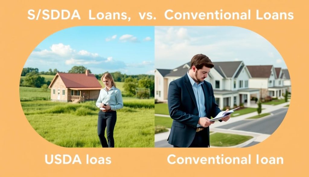 A detailed visual comparison of USDA loans and conventional loans, showcasing a split-screen design. On the left side, portray a serene rural setting with a modest home, green fields, and a clear blue sky to represent USDA loans, with a warm and inviting atmosphere. On the right side, depict a suburban neighborhood with a modern house, manicured lawns, and a bustling street to illustrate conventional loans. In the foreground, include two professional individuals—one in business attire representing USDA loans and the other in casual business clothing for conventional loans, both looking engaged in discussion over documents. Soft, natural lighting enhances the welcoming mood, and a slight tilt from above captures both elements cohesively, allowing viewers to easily discern the differences in financing options. A detailed visual comparison of USDA loans and conventional loans, showcasing a split-screen design. On the left side, portray a serene rural setting with a modest home, green fields, and a clear blue sky to represent USDA loans, with a warm and inviting atmosphere. On the right side, depict a suburban neighborhood with a modern house, manicured lawns, and a bustling street to illustrate conventional loans. In the foreground, include two professional individuals—one in business attire representing USDA loans and the other in casual business clothing for conventional loans, both looking engaged in discussion over documents. Soft, natural lighting enhances the welcoming mood, and a slight tilt from above captures both elements cohesively, allowing viewers to easily discern the differences in financing options.