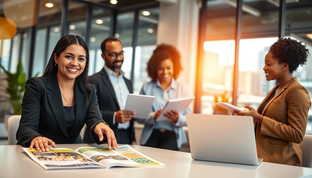 A modern and inviting office setting with a diverse group of three professionals discussing down payment assistance programs. In the foreground, a smiling woman in a business suit is pointing at a colorful brochure on a table, showcasing various housing options. The middle ground features a mixed-gender pair, one holding a laptop displaying a financial calculator, and the other taking notes on a notepad. The background includes large windows letting in warm, natural light, with city views and potted plants for a lively atmosphere. Soft bokeh effects enhance the pleasing, collaborative mood, while shallow depth of field keeps the focus on the professionals and their discussion. A modern and inviting office setting with a diverse group of three professionals discussing down payment assistance programs. In the foreground, a smiling woman in a business suit is pointing at a colorful brochure on a table, showcasing various housing options. The middle ground features a mixed-gender pair, one holding a laptop displaying a financial calculator, and the other taking notes on a notepad. The background includes large windows letting in warm, natural light, with city views and potted plants for a lively atmosphere. Soft bokeh effects enhance the pleasing, collaborative mood, while shallow depth of field keeps the focus on the professionals and their discussion.