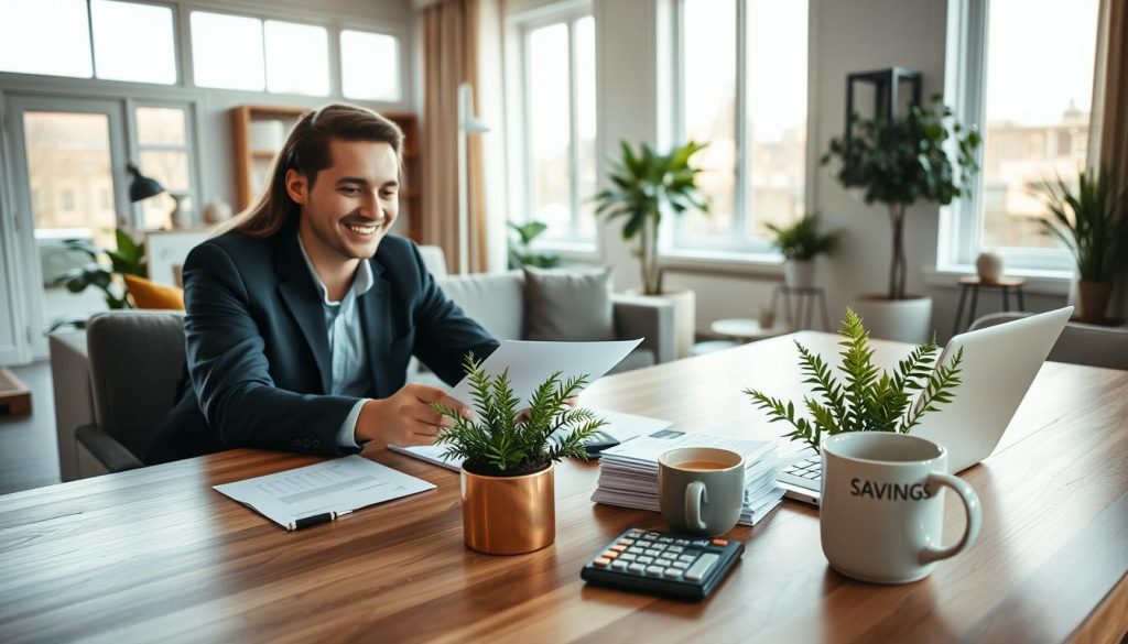 A modern, comfortable living room that embodies the concept of home loan refinancing benefits. In the foreground, a cheerful young couple, dressed in professional business attire, are seated at a sleek wooden table, reviewing documents and a laptop, with smiles of satisfaction. The middle ground features financial documents, a calculator, and a coffee mug labeled "Savings" surrounded by attractive greenery. In the background, large windows let in bright, warm sunlight, illuminating the space, complemented by tasteful decor and a sense of tranquility. The mood is optimistic and inspiring, highlighting financial stability and the advantages of refinancing. Use soft, natural lighting to create an inviting atmosphere, captured from a slightly elevated angle to emphasize the interaction among the couple and their environment. A modern, comfortable living room that embodies the concept of home loan refinancing benefits. In the foreground, a cheerful young couple, dressed in professional business attire, are seated at a sleek wooden table, reviewing documents and a laptop, with smiles of satisfaction. The middle ground features financial documents, a calculator, and a coffee mug labeled "Savings" surrounded by attractive greenery. In the background, large windows let in bright, warm sunlight, illuminating the space, complemented by tasteful decor and a sense of tranquility. The mood is optimistic and inspiring, highlighting financial stability and the advantages of refinancing. Use soft, natural lighting to create an inviting atmosphere, captured from a slightly elevated angle to emphasize the interaction among the couple and their environment.