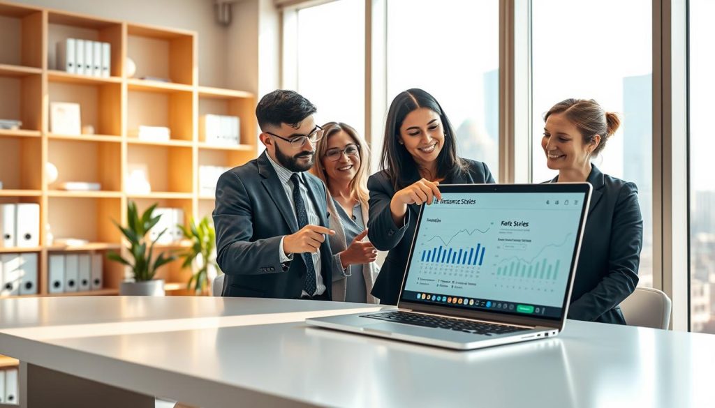 A modern office environment featuring a sleek desk with a laptop displaying financial graphs and life insurance policies, symbolizing strategic investment. In the foreground, a diverse group of three professionals in business attire (a man and two women) are engaged in a discussion, pointing to the laptop screen while looking thoughtful. The middle ground shows shelves filled with financial books and a potted plant, adding a touch of greenery. The background includes large windows revealing a city skyline bathed in soft, warm daylight, creating an inviting atmosphere. The lighting is bright yet soft, highlighting the subjects' expressions and creating an optimistic mood. The composition should evoke professionalism and strategic planning without any text or distractions.