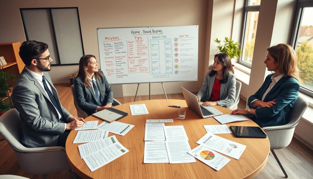 A neatly arranged office scene illustrating the home buying process, focusing on a round table in the foreground where a diverse group of professionals, including a real estate agent in a tailored suit and a financial advisor with a smart casual look, are engaged in a serious discussion. On the table, various documents and a laptop are visible, representing comprehensive checklists and tips. In the middle ground, a large whiteboard is covered with colorful notes and diagrams outlining common missteps in home buying. In the background, large windows let in warm, natural light, creating an inviting atmosphere. The overall mood is professional and focused, emphasizing collaboration and clear communication. The camera angle is slightly above, giving a bird’s-eye view of the discussion, while still showcasing the details on the table and board. A neatly arranged office scene illustrating the home buying process, focusing on a round table in the foreground where a diverse group of professionals, including a real estate agent in a tailored suit and a financial advisor with a smart casual look, are engaged in a serious discussion. On the table, various documents and a laptop are visible, representing comprehensive checklists and tips. In the middle ground, a large whiteboard is covered with colorful notes and diagrams outlining common missteps in home buying. In the background, large windows let in warm, natural light, creating an inviting atmosphere. The overall mood is professional and focused, emphasizing collaboration and clear communication. The camera angle is slightly above, giving a bird’s-eye view of the discussion, while still showcasing the details on the table and board.