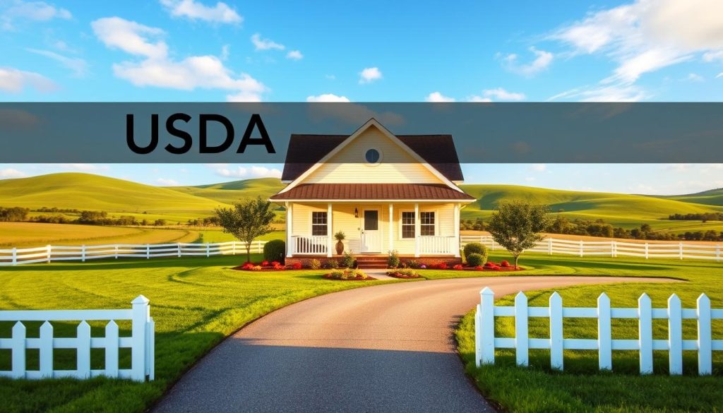 A picturesque rural home in a serene countryside setting, embodying USDA loan property requirements. In the foreground, a charming single-family house with a welcoming porch, surrounded by a well-maintained lawn and colorful landscaping. In the middle ground, a small garden and a driveway leading to the house, lined with white picket fencing. The background features rolling green hills under a bright blue sky, with soft clouds drifting by. The lighting is warm and inviting, reflecting a sunny afternoon. The scene is captured from a slightly elevated angle, providing a comprehensive view of the property while maintaining a focus on the inviting entrance. The mood is hopeful and promising, symbolizing affordable homeownership in rural areas. A picturesque rural home in a serene countryside setting, embodying USDA loan property requirements. In the foreground, a charming single-family house with a welcoming porch, surrounded by a well-maintained lawn and colorful landscaping. In the middle ground, a small garden and a driveway leading to the house, lined with white picket fencing. The background features rolling green hills under a bright blue sky, with soft clouds drifting by. The lighting is warm and inviting, reflecting a sunny afternoon. The scene is captured from a slightly elevated angle, providing a comprehensive view of the property while maintaining a focus on the inviting entrance. The mood is hopeful and promising, symbolizing affordable homeownership in rural areas.