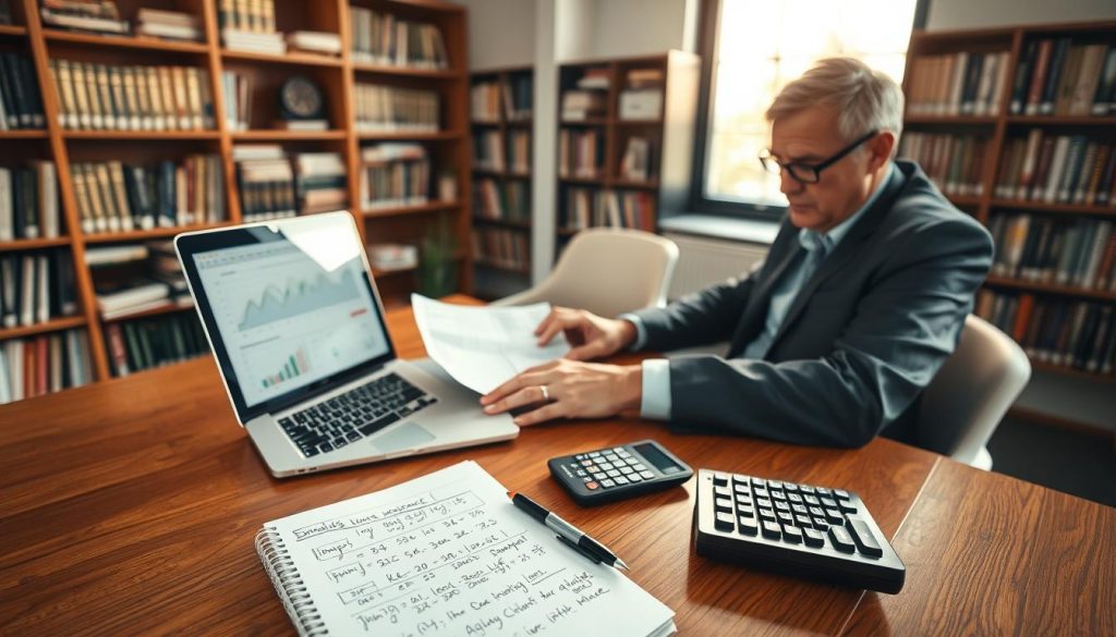 A professional financial advisor sitting at a sleek wooden desk, calculating insurance coverage amounts. In the foreground, the advisor, a middle-aged person in a business suit, is focused on a modern laptop, with spreadsheets and charts open on the screen. In the middle ground, a notepad is filled with handwritten notes and formulas, while a calculator sits beside it. In the background, a large window lets in warm, natural light, illuminating the room filled with books on financial planning. The atmosphere conveys a sense of diligence and professionalism, emphasizing a methodical approach to financial calculations. The overall composition is balanced, capturing the essence of life insurance needs assessment.