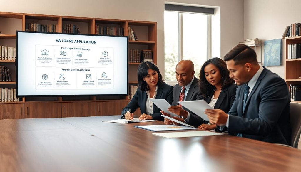 A professional office setting showcasing a VA loan application process. In the foreground, a diverse group of three individuals in business attire is seated at a conference table, examining documents and discussing details. The middle ground features a large screen displaying an infographic summarizing the VA loan application steps, with diagrams and simple icons. The background includes shelves filled with books on home financing and a window letting in natural light, creating a bright and welcoming atmosphere. Soft, warm lighting highlights the focus on collaboration and determination. Use a wide-angle lens to capture the entire scene, ensuring a sense of teamwork and professionalism. The overall mood is positive and encouraging, emphasizing the support available in navigating the VA loan process. A professional office setting showcasing a VA loan application process. In the foreground, a diverse group of three individuals in business attire is seated at a conference table, examining documents and discussing details. The middle ground features a large screen displaying an infographic summarizing the VA loan application steps, with diagrams and simple icons. The background includes shelves filled with books on home financing and a window letting in natural light, creating a bright and welcoming atmosphere. Soft, warm lighting highlights the focus on collaboration and determination. Use a wide-angle lens to capture the entire scene, ensuring a sense of teamwork and professionalism. The overall mood is positive and encouraging, emphasizing the support available in navigating the VA loan process.