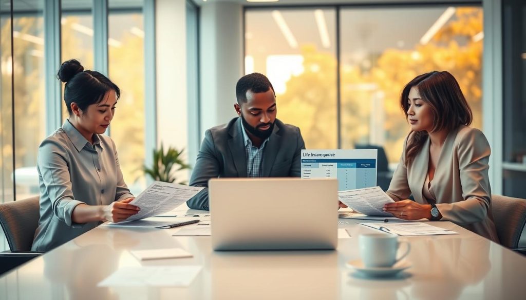 A professional setting depicting a diverse group of individuals comparing life insurance quotes. In the foreground, a diverse trio—an Asian woman, a Black man, and a Caucasian woman—analyze different quote sheets spread across a bright, sleek conference table. The middle layer features a laptop with a detailed life insurance comparison website displayed. In the background, soft-focus office ambiance with large windows allowing warm sunlight to fill the space, creating an inviting atmosphere. Include subtle elements like a potted plant and coffee cups to add warmth. The lighting is bright yet soft, emphasizing a collaborative and focused mood. Capture this scene from a slightly elevated angle to provide a comprehensive view of the discussion.