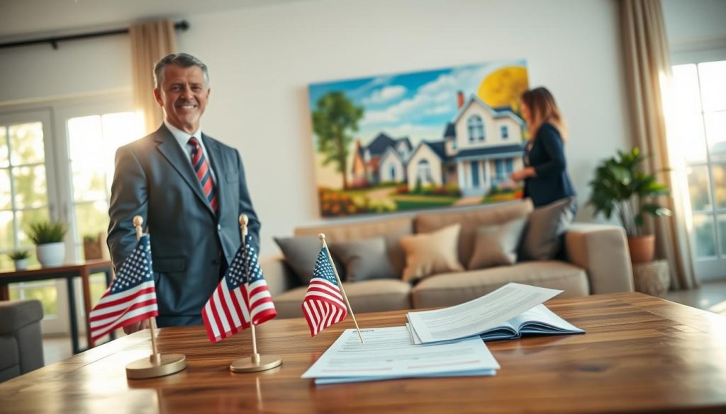 A professional veteran in business attire, standing confidently in a cozy living room setting, showcasing the benefits of a VA home loan. In the foreground, a well-furnished coffee table displays a small American flag and paperwork illustrating loan documents. The middle ground features the veteran, smiling and discussing with a real estate agent, both engaged in a positive conversation about home ownership. The background reveals a beautifully decorated living room with a vivid painting of a family home, warm sunlight streaming through large windows, creating an inviting atmosphere. The lighting is soft yet bright, highlighting the hopeful mood of financial security and opportunity. The image is framed with a slight upward angle, emphasizing optimism and empowerment in the process of home buying through VA loans. A professional veteran in business attire, standing confidently in a cozy living room setting, showcasing the benefits of a VA home loan. In the foreground, a well-furnished coffee table displays a small American flag and paperwork illustrating loan documents. The middle ground features the veteran, smiling and discussing with a real estate agent, both engaged in a positive conversation about home ownership. The background reveals a beautifully decorated living room with a vivid painting of a family home, warm sunlight streaming through large windows, creating an inviting atmosphere. The lighting is soft yet bright, highlighting the hopeful mood of financial security and opportunity. The image is framed with a slight upward angle, emphasizing optimism and empowerment in the process of home buying through VA loans.