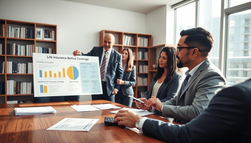 A serene financial advisor's office, showcasing a diverse group of four professionals engaged in a deep discussion about life insurance coverage. In the foreground, a middle-aged man in a tailored suit points to a large chart illustrating life insurance benefits, while a woman in business attire takes notes, her expression focused. In the middle, a large wooden conference table is adorned with documents and a calculator, symbolizing careful calculations. The background features a tall bookshelf filled with finance books, and a large window streaming in natural sunlight, creating an inviting atmosphere. The mood is collaborative and informative, reflecting a sense of trust and professionalism. The camera angle is slightly elevated, providing an overview of this crucial moment in determining the right coverage.