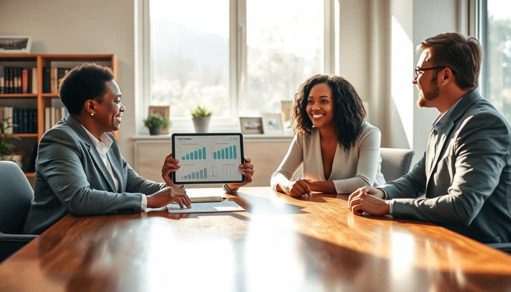 A serene office environment, with a friendly, professional insurance agent discussing life insurance options with a diverse couple, seated across a polished wooden table. The agent holds a tablet, displaying charts on affordable life insurance policies. Sunlight streams through large windows, casting soft shadows and creating a warm, inviting atmosphere. In the background, a bookshelf filled with financial books and family photos implies stability and trust. The agent is dressed in business attire, exuding a sense of professionalism and approachability, while the couple appears engaged and hopeful about securing their family's future. The image should feature soft, warm lighting to enhance the positive mood of financial security and peace of mind. A serene office environment, with a friendly, professional insurance agent discussing life insurance options with a diverse couple, seated across a polished wooden table. The agent holds a tablet, displaying charts on affordable life insurance policies. Sunlight streams through large windows, casting soft shadows and creating a warm, inviting atmosphere. In the background, a bookshelf filled with financial books and family photos implies stability and trust. The agent is dressed in business attire, exuding a sense of professionalism and approachability, while the couple appears engaged and hopeful about securing their family's future. The image should feature soft, warm lighting to enhance the positive mood of financial security and peace of mind.