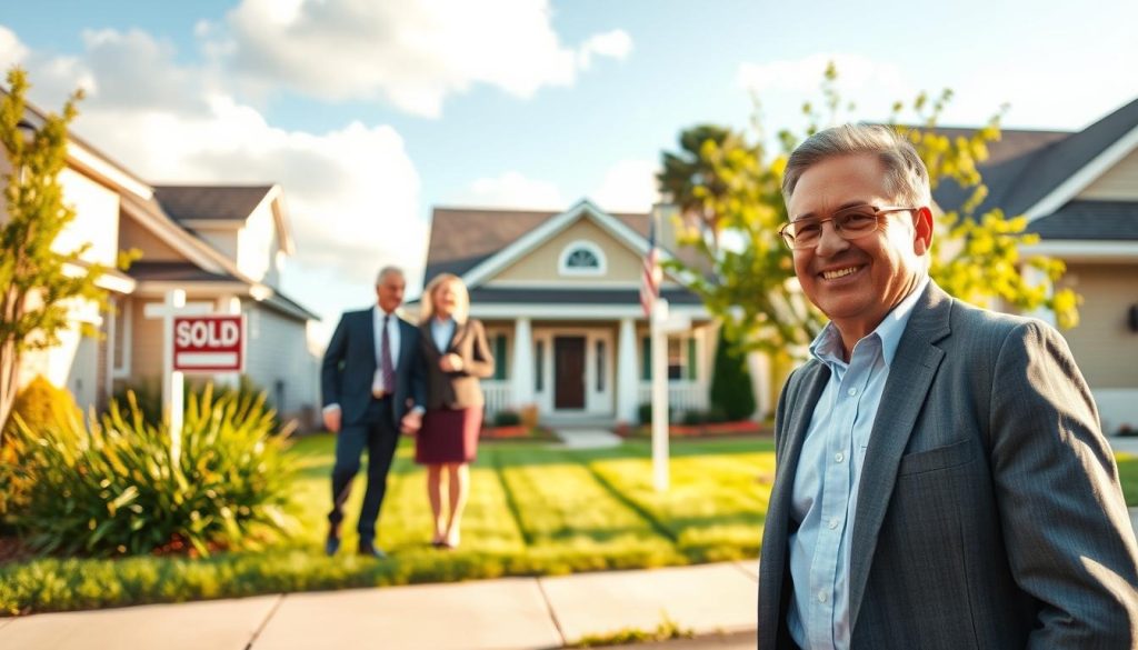 A serene suburban neighborhood in the foreground with a happy veteran family standing outside their charming home, symbolizing the benefits of a VA loan. The family, dressed in professional business attire, showcases a strong sense of pride. In the middle ground, a well-maintained house with a "Sold" sign and an American flag waving gently in the breeze. The background features soft, blue skies with fluffy clouds, and a few trees for a welcoming atmosphere. The lighting is warm and bright, creating an uplifting, optimistic mood. The angle is slightly elevated to capture both the family and the home within the frame, emphasizing the joy of home ownership through VA loans. A serene suburban neighborhood in the foreground with a happy veteran family standing outside their charming home, symbolizing the benefits of a VA loan. The family, dressed in professional business attire, showcases a strong sense of pride. In the middle ground, a well-maintained house with a "Sold" sign and an American flag waving gently in the breeze. The background features soft, blue skies with fluffy clouds, and a few trees for a welcoming atmosphere. The lighting is warm and bright, creating an uplifting, optimistic mood. The angle is slightly elevated to capture both the family and the home within the frame, emphasizing the joy of home ownership through VA loans.