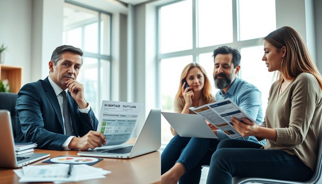 A split-scene image depicting a professional financial advisor in business attire, seated at a desk on the left, showing a thoughtful expression while reviewing two distinct loan options: a mortgage and a home equity loan. On the right, a family sits together, discussing their options with a look of contemplation, surrounded by visual aids like charts and documents. The foreground features a detailed desk with a laptop and loan brochures. The middle layer includes the advisors’ and family's expressions, capturing the tension of choice. The background features a bright and inviting office space with large windows letting in soft natural light, creating a warm and inviting atmosphere. The angle is slightly from above, providing a comprehensive view of the interactions. A split-scene image depicting a professional financial advisor in business attire, seated at a desk on the left, showing a thoughtful expression while reviewing two distinct loan options: a mortgage and a home equity loan. On the right, a family sits together, discussing their options with a look of contemplation, surrounded by visual aids like charts and documents. The foreground features a detailed desk with a laptop and loan brochures. The middle layer includes the advisors’ and family's expressions, capturing the tension of choice. The background features a bright and inviting office space with large windows letting in soft natural light, creating a warm and inviting atmosphere. The angle is slightly from above, providing a comprehensive view of the interactions.