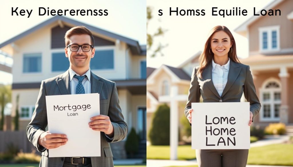 A split-screen image illustrating the key differences between a Mortgage Loan and a Home Equity Loan. On the left side, a professional male figure in business attire, standing next to a modern home, holding documents labeled "Mortgage Loan". The background shows a sunny suburban neighborhood with clear skies. On the right side, a female figure in business attire, standing next to a home with a "Home Equity Loan" sign. The atmosphere is informative and contrasting, showcasing the two loan types. The lighting is bright and inviting, emphasizing clarity and professionalism. The background features soft-focus elements like trees and distant houses, creating a sense of depth. A lens angle captures both subjects evenly, ensuring balance and focus on the differences depicted. A split-screen image illustrating the key differences between a Mortgage Loan and a Home Equity Loan. On the left side, a professional male figure in business attire, standing next to a modern home, holding documents labeled "Mortgage Loan". The background shows a sunny suburban neighborhood with clear skies. On the right side, a female figure in business attire, standing next to a home with a "Home Equity Loan" sign. The atmosphere is informative and contrasting, showcasing the two loan types. The lighting is bright and inviting, emphasizing clarity and professionalism. The background features soft-focus elements like trees and distant houses, creating a sense of depth. A lens angle captures both subjects evenly, ensuring balance and focus on the differences depicted.