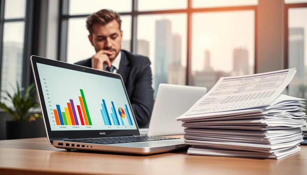A visually appealing and informative composition representing life insurance company ratings. In the foreground, a stylish, open laptop displaying colorful bar graphs and pie charts, illustrating ratings of various companies. To the right, a neatly organized stack of professional documents with charts and ratings highlighted, symbolizing thorough analysis. In the middle ground, a confident business professional in business attire, engaged in thoughtful examination of the data displayed on the laptop, with an expression of determination. In the background, a modern office environment with soft natural lighting, large windows showcasing a cityscape, creating a fresh and optimistic atmosphere. The overall mood is focused and professional, aimed at conveying trust and diligence in evaluating life insurance options.