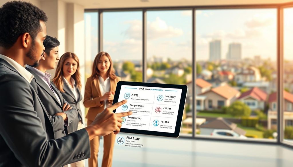 A visually engaging and informative illustration of FHA loan benefits. In the foreground, present a diverse group of business professionals in smart casual attire, discussing and pointing towards a digital tablet displaying FHA loan statistics and benefits. In the middle ground, depict a modern, welcoming office environment with a large window revealing a suburban neighborhood, symbolizing homeownership. Use warm, natural lighting to create an optimistic atmosphere. In the background, showcase a dreamy skyline of houses, representing the American dream of homeownership. The image should have a slightly blurred focus on the background to emphasize the professionals in the foreground while displaying a sense of aspiration and guidance. A visually engaging and informative illustration of FHA loan benefits. In the foreground, present a diverse group of business professionals in smart casual attire, discussing and pointing towards a digital tablet displaying FHA loan statistics and benefits. In the middle ground, depict a modern, welcoming office environment with a large window revealing a suburban neighborhood, symbolizing homeownership. Use warm, natural lighting to create an optimistic atmosphere. In the background, showcase a dreamy skyline of houses, representing the American dream of homeownership. The image should have a slightly blurred focus on the background to emphasize the professionals in the foreground while displaying a sense of aspiration and guidance.