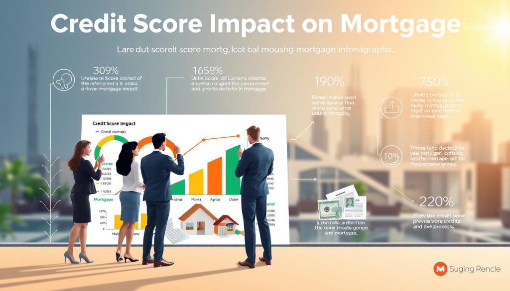 A visually engaging infographic depicting the "Credit Score Impact on Mortgage" theme. In the foreground, display an illustration of a diverse group of professionals in business attire, analyzing a large, colorful chart that represents credit scores, mortgage rates, and approval percentages. In the middle ground, integrate imagery of a modern home and architectural elements symbolizing the mortgage process, like a house key and documents. In the background, softly blurred cityscape to signify the housing market. Use bright, professional lighting to create an optimistic atmosphere. The composition should have a balanced layout that emphasizes clarity and understanding of credit scores as a crucial factor in obtaining mortgage approval, without any text or logos. A visually engaging infographic depicting the "Credit Score Impact on Mortgage" theme. In the foreground, display an illustration of a diverse group of professionals in business attire, analyzing a large, colorful chart that represents credit scores, mortgage rates, and approval percentages. In the middle ground, integrate imagery of a modern home and architectural elements symbolizing the mortgage process, like a house key and documents. In the background, softly blurred cityscape to signify the housing market. Use bright, professional lighting to create an optimistic atmosphere. The composition should have a balanced layout that emphasizes clarity and understanding of credit scores as a crucial factor in obtaining mortgage approval, without any text or logos.