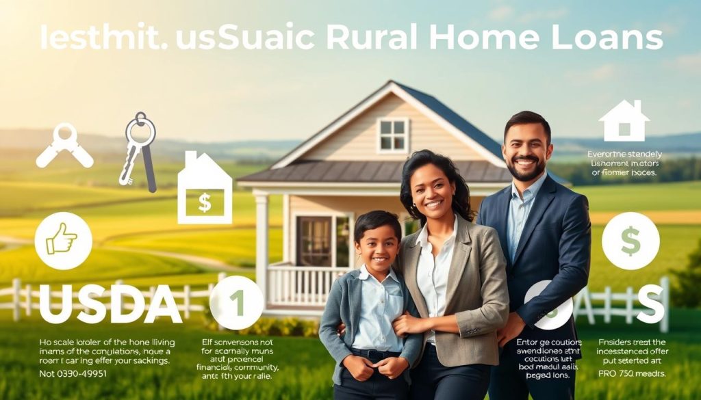 A visually engaging infographic illustrating the benefits of USDA Rural Home Loans. In the foreground, display a smiling diverse family in professional business attire, standing in front of a charming, modern rural home with a welcoming porch. In the middle ground, include symbols of homeownership like keys, a house silhouette, and dollar signs to represent affordability. In the background, depict a tranquil rural landscape with green fields and a clear sky, suggesting a peaceful and community-oriented lifestyle. Utilize natural lighting to evoke warmth and optimism, with a soft focus on the characters while keeping the background crisp. The overall mood is hopeful and inviting, emphasizing financial freedom and stability in rural living. A visually engaging infographic illustrating the benefits of USDA Rural Home Loans. In the foreground, display a smiling diverse family in professional business attire, standing in front of a charming, modern rural home with a welcoming porch. In the middle ground, include symbols of homeownership like keys, a house silhouette, and dollar signs to represent affordability. In the background, depict a tranquil rural landscape with green fields and a clear sky, suggesting a peaceful and community-oriented lifestyle. Utilize natural lighting to evoke warmth and optimism, with a soft focus on the characters while keeping the background crisp. The overall mood is hopeful and inviting, emphasizing financial freedom and stability in rural living.