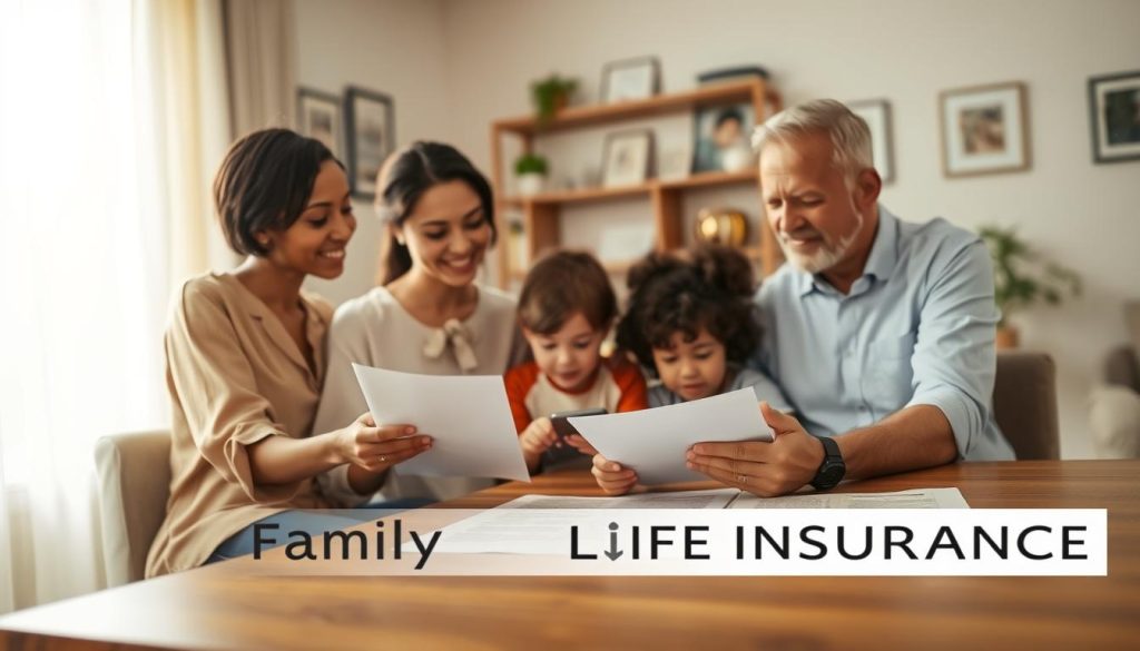 A warm, inviting family living room scene, focusing on a diverse family of four sitting together at a dining table, reviewing family life insurance documents. The foreground features the parents, a mother in a smart casual blouse and a father in a dress shirt, both engaged in conversation. The middle ground shows two children, one child drawing and another looking at a tablet. The background has soft, natural light streaming in through a window adorned with light curtains, creating a cozy atmosphere. The walls are decorated with family photos, emphasizing connection and togetherness. The mood is reassuring and optimistic, symbolizing security and awareness of future planning, shot from a slightly elevated angle to capture the whole scene harmoniously.