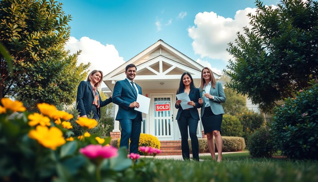 A welcoming scene depicting a diverse group of first-time homebuyers, two couples and a single person, standing together in front of a charming suburban house. They are dressed in professional business attire, beaming with excitement as they hold documents and a set of house keys. The foreground features lush greenery and colorful flowers, symbolizing new beginnings. In the middle ground, the house showcases a classic style with a white picket fence and a "Sold" sign. The background includes a bright blue sky with fluffy white clouds, suggesting a hopeful future. Soft, warm lighting creates a friendly atmosphere, and the angle captures the group in a slightly upward view, emphasizing their excitement and the promise of homeownership. The overall mood is uplifting and motivating, encapsulating the theme of eligibility and opportunity in homebuying. A welcoming scene depicting a diverse group of first-time homebuyers, two couples and a single person, standing together in front of a charming suburban house. They are dressed in professional business attire, beaming with excitement as they hold documents and a set of house keys. The foreground features lush greenery and colorful flowers, symbolizing new beginnings. In the middle ground, the house showcases a classic style with a white picket fence and a "Sold" sign. The background includes a bright blue sky with fluffy white clouds, suggesting a hopeful future. Soft, warm lighting creates a friendly atmosphere, and the angle captures the group in a slightly upward view, emphasizing their excitement and the promise of homeownership. The overall mood is uplifting and motivating, encapsulating the theme of eligibility and opportunity in homebuying.