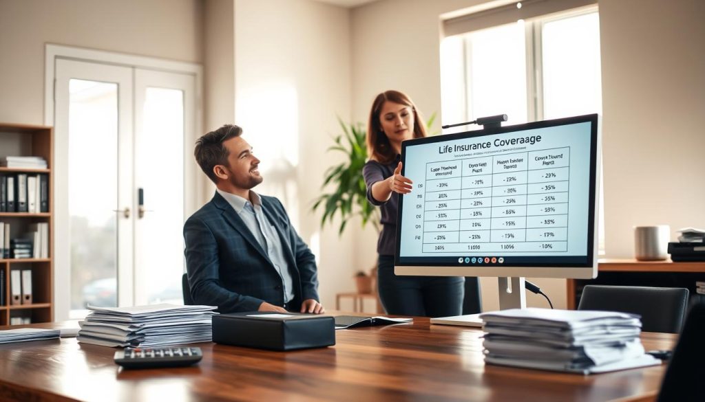 A well-organized office environment with a wooden desk in the foreground, neatly stacked documents and a calculator. Two professional individuals, a man and a woman, engaged in a discussion about life insurance coverage, both dressed in business attire. The woman points to a chart on a computer screen, illustrating various coverage amounts based on different life situations. In the middle ground, a large window allows soft, natural light to fill the room, creating a warm, inviting atmosphere. The background features a bookshelf filled with financial books and an indoor plant for a touch of greenery. The overall mood is focused and serious, reflecting the importance of financial planning and life insurance.