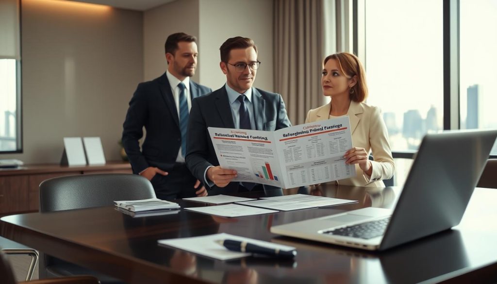 An elegant office setting with a modern desk in the foreground, displaying important documents and a laptop with charts related to refinancing options. In the middle, a professional wearing business attire is engaged in a discussion with a financial advisor, both looking thoughtful and focused on a brochure that outlines various refinancing options. The background features a large window, allowing soft natural light to fill the space, with a city skyline visible outside. The atmosphere is one of professionalism and opportunity, conveying a sense of trust and expertise. The image is shot with a slight depth of field to emphasize the subjects while softly blurring the background, creating a warm and inviting mood. An elegant office setting with a modern desk in the foreground, displaying important documents and a laptop with charts related to refinancing options. In the middle, a professional wearing business attire is engaged in a discussion with a financial advisor, both looking thoughtful and focused on a brochure that outlines various refinancing options. The background features a large window, allowing soft natural light to fill the space, with a city skyline visible outside. The atmosphere is one of professionalism and opportunity, conveying a sense of trust and expertise. The image is shot with a slight depth of field to emphasize the subjects while softly blurring the background, creating a warm and inviting mood.