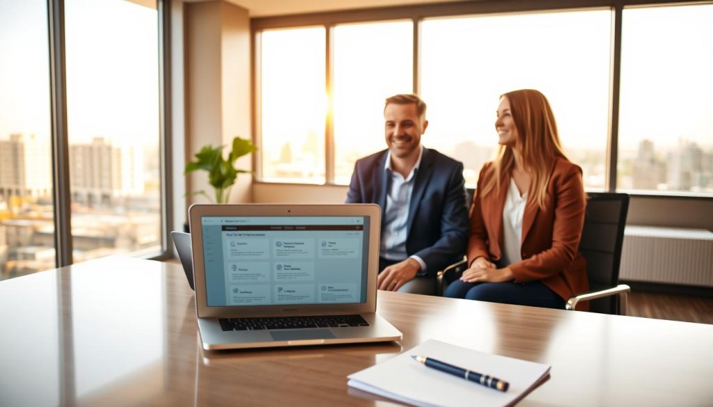 An inviting office setting with a professional advisor seated at a sleek desk, discussing life insurance options with a young couple. The advisor, a middle-aged individual in business attire, gestures towards a laptop displaying various life insurance policy options. The couple, dressed in smart casual clothing, appears engaged and optimistic. In the background, a window reveals a sunny cityscape, symbolizing a bright future. Warm, natural lighting filters through, creating an atmosphere of trust and professionalism. The foreground includes a notepad and a pen, emphasizing the practical nature of the conversation. Use a soft focus to enhance the warmth and approachability of the scene, captured with a moderate angle to draw the viewer into the interaction. An inviting office setting with a professional advisor seated at a sleek desk, discussing life insurance options with a young couple. The advisor, a middle-aged individual in business attire, gestures towards a laptop displaying various life insurance policy options. The couple, dressed in smart casual clothing, appears engaged and optimistic. In the background, a window reveals a sunny cityscape, symbolizing a bright future. Warm, natural lighting filters through, creating an atmosphere of trust and professionalism. The foreground includes a notepad and a pen, emphasizing the practical nature of the conversation. Use a soft focus to enhance the warmth and approachability of the scene, captured with a moderate angle to draw the viewer into the interaction.